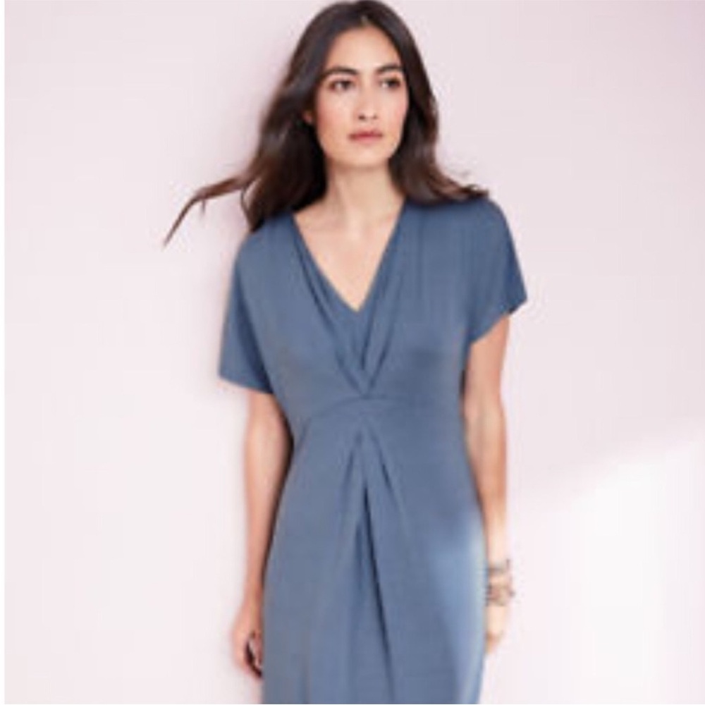 Garnet Hill Double V Neck Knit Long Sleeve Dusty Blue M Medium Midi Dress